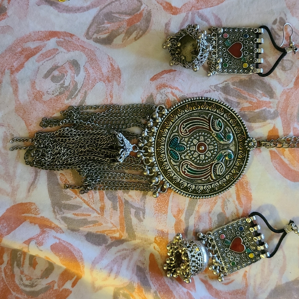 Metal Medallion necklace and earrings